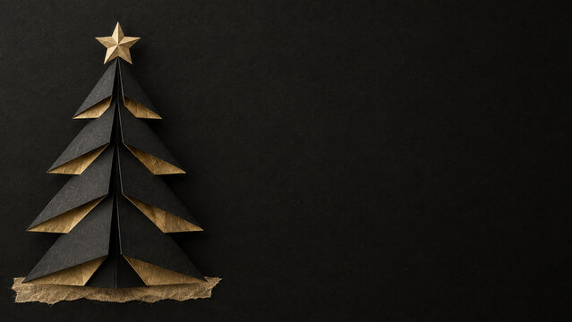 Black and gold Japanese origami Christmas tree on washi paper with copy space