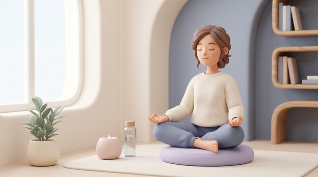 3D character woman meditating in lotus pose within a minimalist serene room with soft pastel tones
