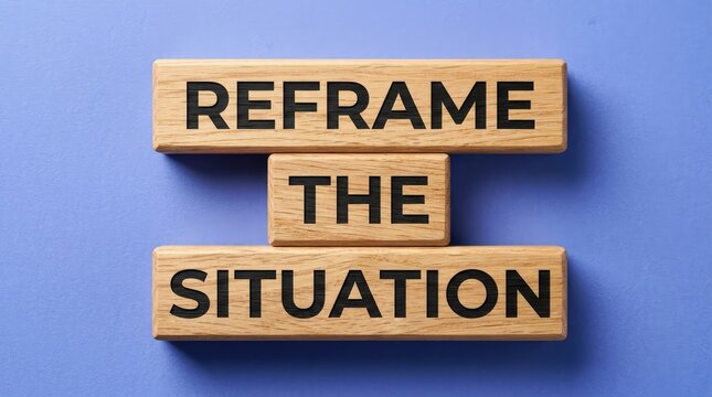 Wooden blocks featuring reframe the situation text displayed against a solid vibrant light blue backdrop surface