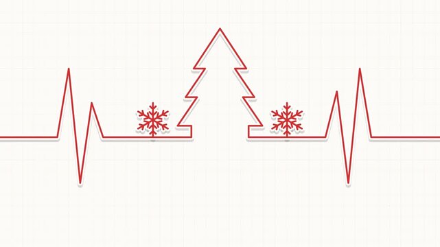 Minimalist Red Heartbeat EKG Line Forming a Christmas Tree Shape with Snowflakes for Holiday Healthcare Concept