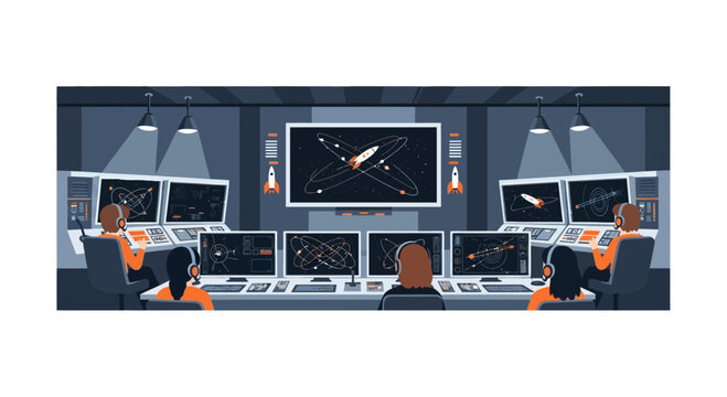 Space Mission Control Center Illustration with Operators Monitoring Rocket Trajectories