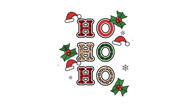 Festive Animated Ho Ho Ho Christmas Text with Santa Hats and Holly Leaves on White Background