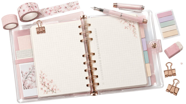 Japanese binder planner, open six ring grid pages with tabs clips, transparent pink cover, no branding. Product shot isolated on white background for planner shop and journal content.