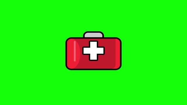 2D medical animation icon of a red first aid kit with white cross and handle, isolated on a bright green screen background for video editing and emergency healthcare concepts.