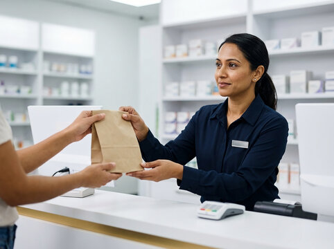 Professional Indian Pharmacist Handing Over Medicine in a Brown Paper Bag to a Customer at a Pharmacy Counter in a Modern Drugstore