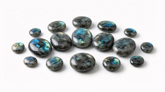 Collection of polished labradorite tumbled healing crystals with blue flashes isolated on white background.