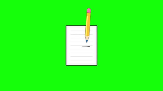 Animation icon of a yellow pencil writing on a white lined piece of paper with a black border, isolated on a bright green screen background for video editing and chroma key work.