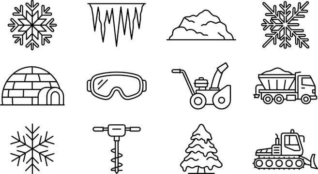 Winter Snow Removal and Blizzard Equipment Line Icon Set with Snowblower Plow Truck Ice Auger Igloo Icicles and Snowflakes