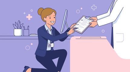 Obraz premium Woman in Suit Hands Clipboard to Doctor in Lab Coat, Office Task