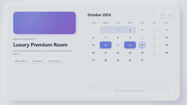 Hotel suite reservation interface showing a calendar with selected dates, luxury premium room details, ocean view suite information, stay duration, total price and reserve button for online booking