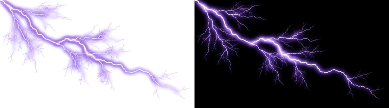 Lightning strike spreading with detailed electric purple branches perfect for storm designs in PNG, Transparent and Black Background Versions