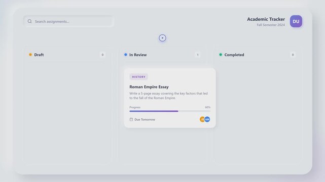 Academic task management dashboard showing an assignment card moving from draft through review to completed status with progress tracking, teacher profile, search field and clean classroom interface