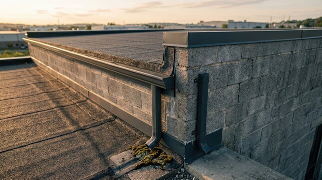 Flat commercial roof edge showing grey concrete blocks with black metal gutter and drainage pipes