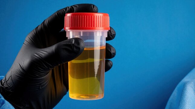 Medical pro in black glove holds urine sample cup. Diagnostic test container filled with yellow fluid, ready for lab analysis. Health check up procedure in clinic.