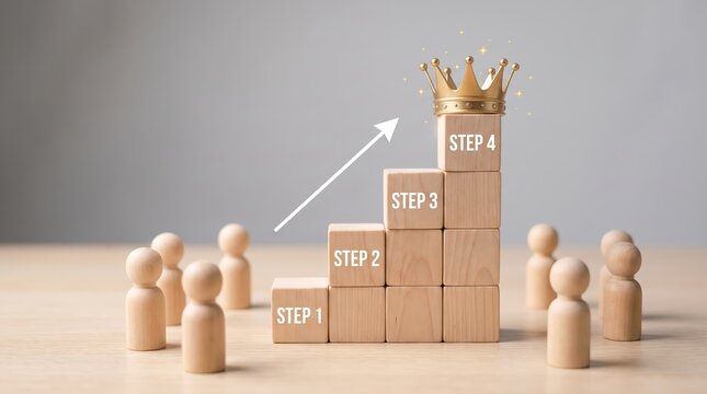 Wooden blocks stacked as stairs with crown on top, representing business career growth concept, leadership development, step by step success plan with wooden peg figures