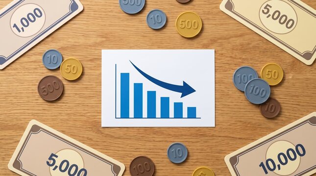 Decreasing bar chart graph representing financial loss, economic crisis, recession, and business downturn, surrounded by toy money bills and coins on a wooden table background