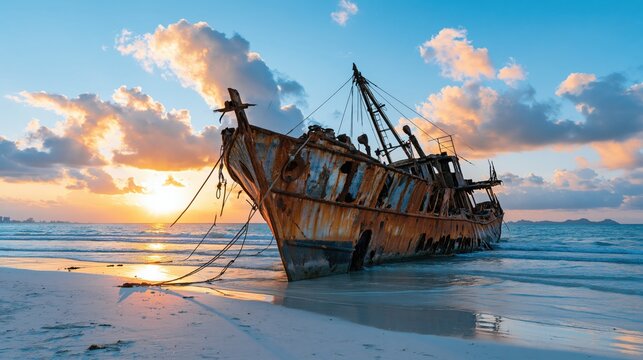 Sun sets over a rusty, beached shipwreck on a tranquil shoreline.