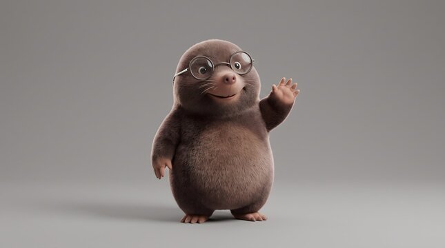 Cute Cartoon Mole with Glasses Waving on a Gray Background.