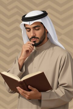 A man in traditional Middle Eastern attire holds an open book with contemplative focus amidst a chevron patterned background.