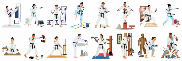 Obraz premium Illustrations of martial arts practitioners in white uniforms demonstrating techniques including kicks, punches, board breaking, meditation, and training with various equipment.