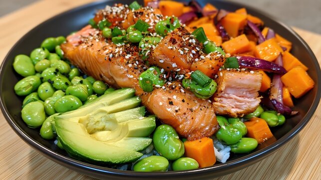Gourmet salmon bowl with colorful vegetables and creamy avocado makes a healthy meal.