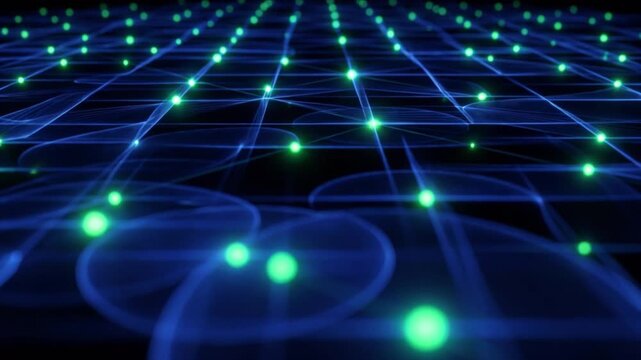 光周波数コムの電磁波面と閃光が垂直上昇し平衡を保つ光学科学CG背景