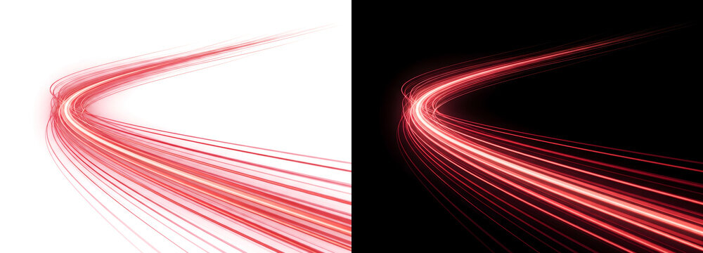 Curved light streaks flowing with bright red speed lines perfect for futuristic technology designs in PNG, Transparent and Black Background Versions