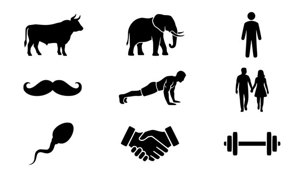 Black silhouette icons set including bull elephant man mustache pushup couple sperm cell handshake and barbell isolated on white background