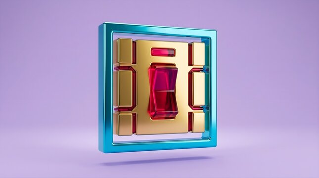 Abstract 3D futuristic toggle switch icon with gold and ruby glass on purple background