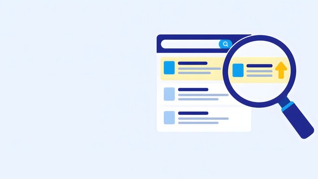 Magnifying glass examining search results on a digital interface representing search engine optimization and data analysis concepts