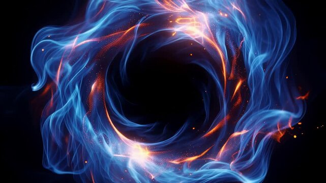 Blue fiery smoke swirling around a circular ring particle vortex with red and orange glowing graphics on black background, 4K video