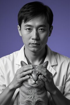 A veterinarian gently holds a tabby cat's head in a calm studio setting with a rich purple backdrop.