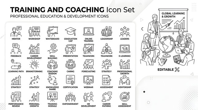 Training and Coaching Icon Set: A comprehensive collection of professional education and development icons, showcasing concepts like mentorship, skill-building, and e-learning.