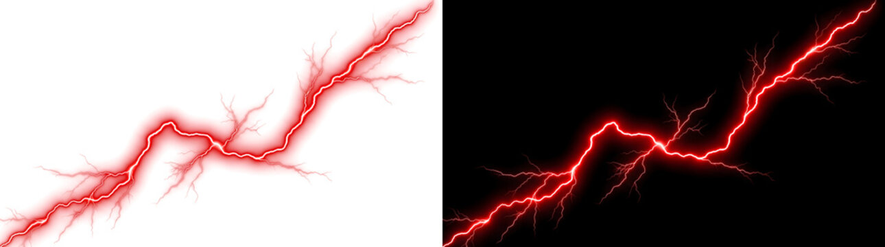 Thunderbolt flashing with intense red electric energy branches perfect for weather themed designs in PNG, Transparent and Black Background Versions