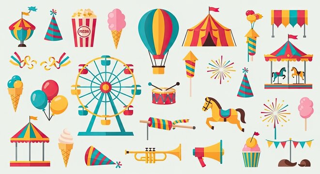 Vintage carnival amusement park fairground elements collection.