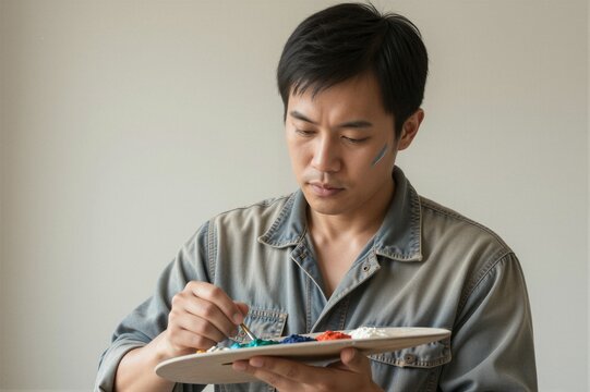 A man in a light blue denim shirt mixes paint on a white palette with focus and concentration.