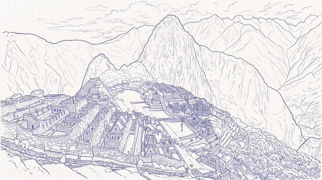 An intricate, high-angle, line-art illustration of Machu Picchu, showcasing the ancient Incan city's complex terraces and stone structures nestled within the dramatic peaks of the Andes