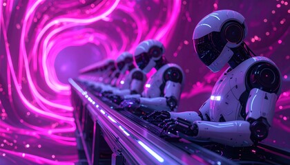Fototapeta premium Robots in a futuristic tunnel with glowing pink and purple lights.