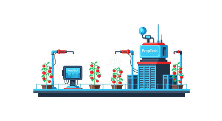 Obraz premium Automated Smart Farming Illustration with Robotic Irrigation and PropTech Monitoring