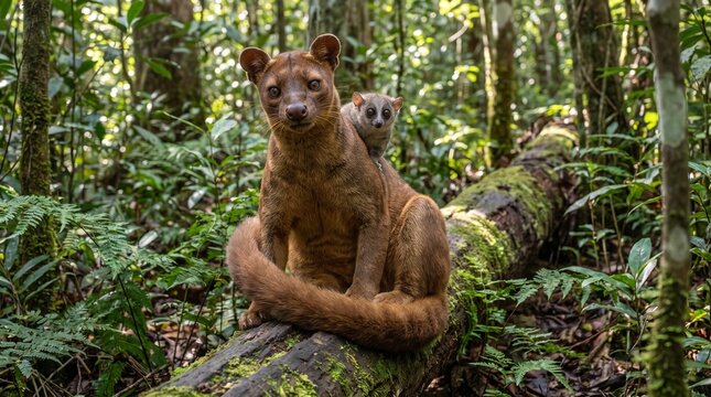 Fossa with cub resting on a log in lush Madagascar rainforest