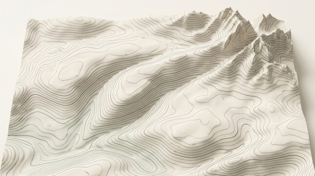 Topographic map representation showing detailed white mountain terrain with dark contour lines on neutral studio background