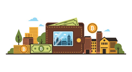 Obraz premium Flat Vector Illustration of Bitcoin Wallet and Cityscape Finance Concept