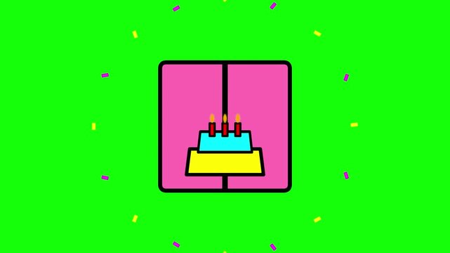 Birthday cake icon animation on a bright green background with colorful pink and yellow confetti, 2D vector style digital graphic featuring a blue cake with three red candles.