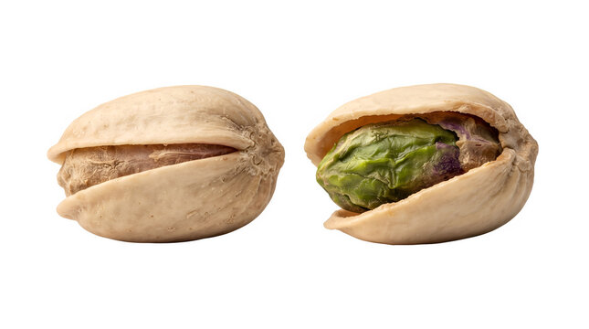 Pistachio nuts with open shell showing green kernel, organic roasted pistachios on white, healthy vegan snack food ingredients