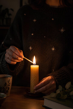 Cozy Evening Person Lighting a Beeswax Candle with Match Warm Glow Hygge Ambiance