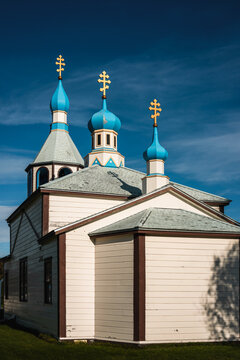 Kenai historic landmark architecture of Holy Assumption Russian Orthodox Church, built between 1894 and 1896, in Alaska, USA
