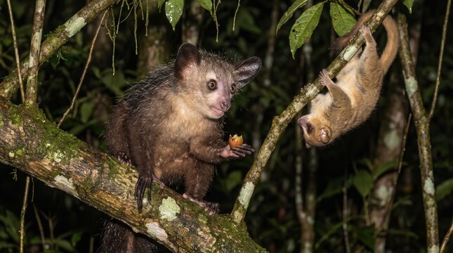 Aye-aye and lemur interacting on a tree branch in nocturnal forest