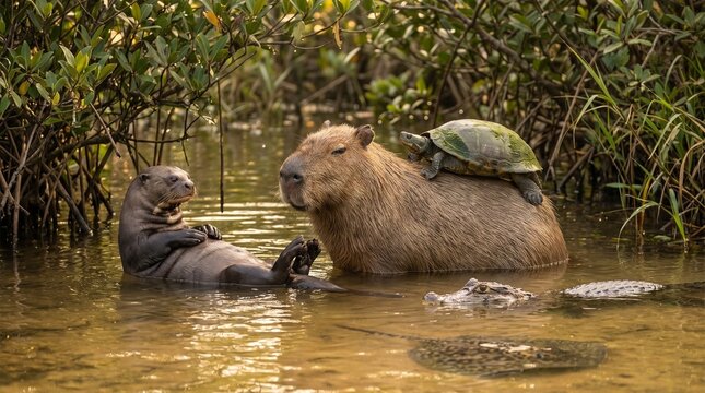 Capybara and Turtle in Natural Wetland Habitat with Otter