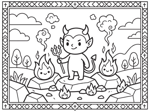 Cute Little Devil Coloring Page for Kids featuring Line Art Outline Illustration with Pitchfork and Flames for Creative Activity