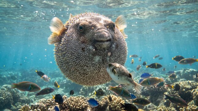 Underwater scene with pufferfish and diverse marine life in coral reef